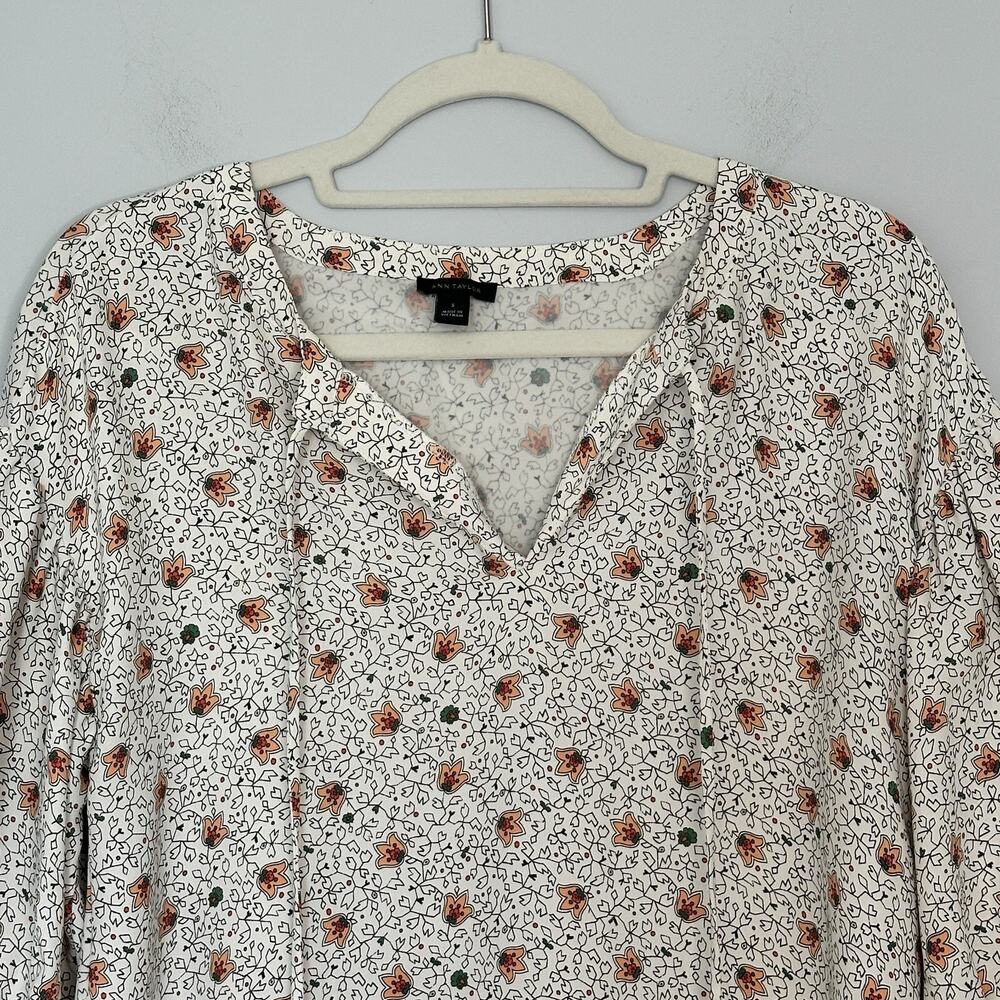 Ann Taylor Paisley Mixed Media Tie Neck Blouse Size Small Floral Ruffle Sleeve - Picture 2 of 10